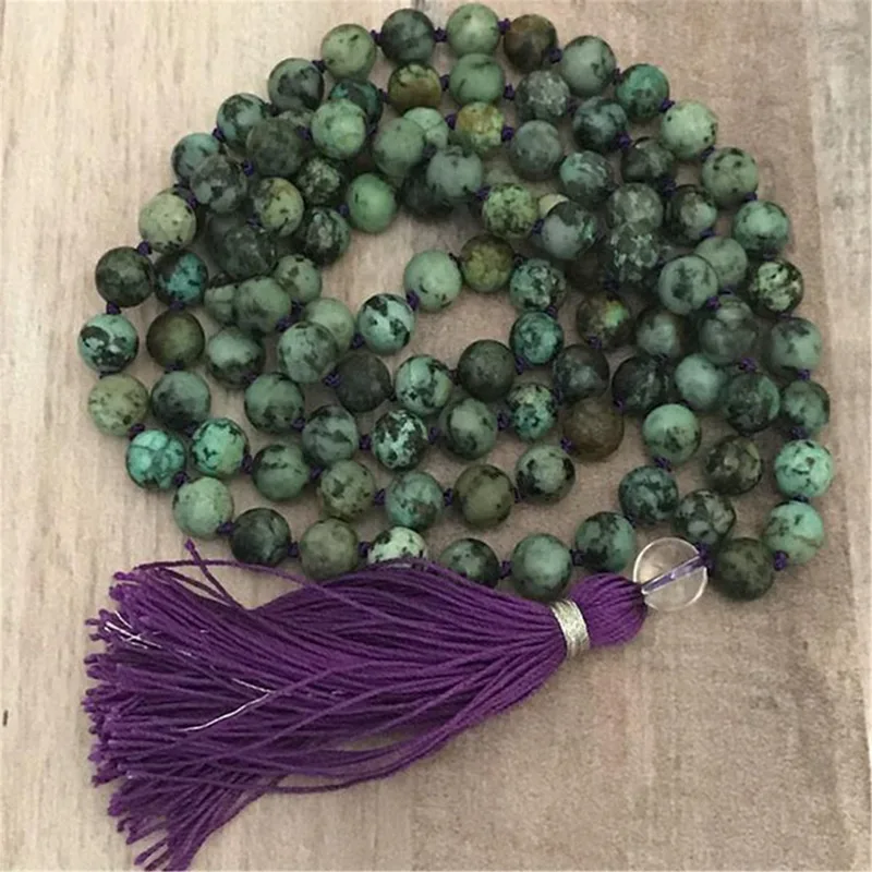 8mm Natural African Turquoise 108 Beads Tassel Knotted Necklace Cuff Yoga Classic Handmade Buddhism Wrist Stress Buddhist Lucky