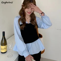 Fake Two Pieces Blouses Women Elegant All-match Spring New Leisure Design V-neck Schoolgirls Daily Korean Style Tops Ins Trendy