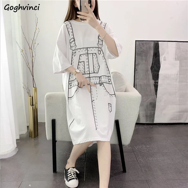 Abito donna estate mezza manica stampato polpaccio stile Preppy Harajuku sciolto h-line falso-due pezzi stile coreano semplice Casual