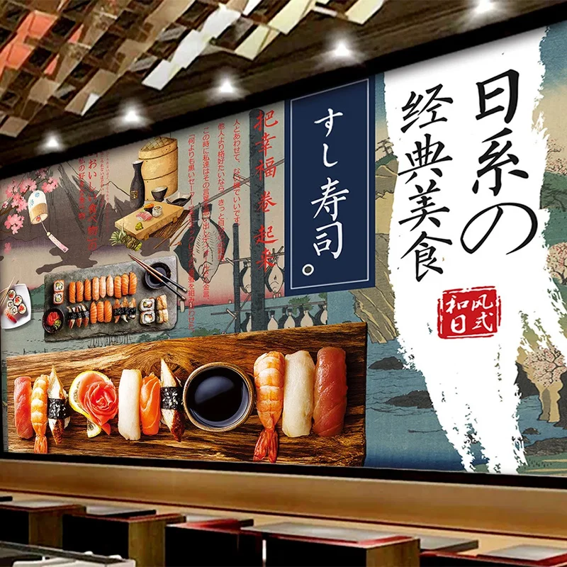 Custom Self-Adhesive Waterproof Mural Wallpaper 3D Japanese Style Sushi Restaurant Background Wall Decor Papel De Parede Sticker