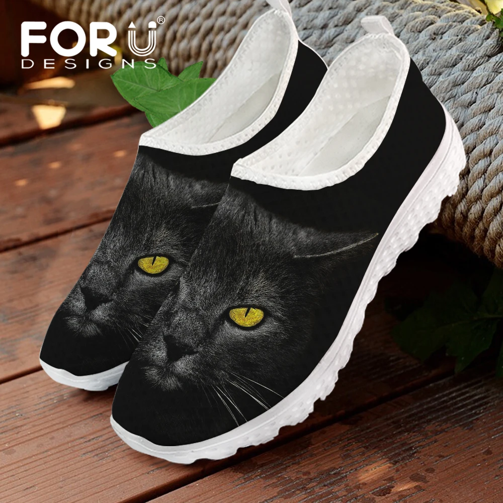 

FORUDESIGNS 2021 Summer Women Mesh Flat Shoes Comfort Walk Female Slip-on Footwear Black Cat Pattern Breathable Lady Beach Flats