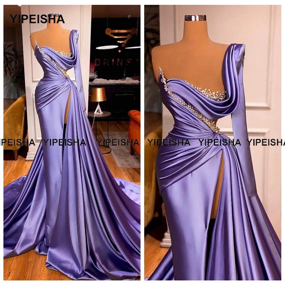 Yipeisha ลาเวนเดอร์ Mermaid Evening Dresses หรูหราแขนยาว Glitter Rhinestones Side Slit ชุดราตรีพรรคประกวดชุด