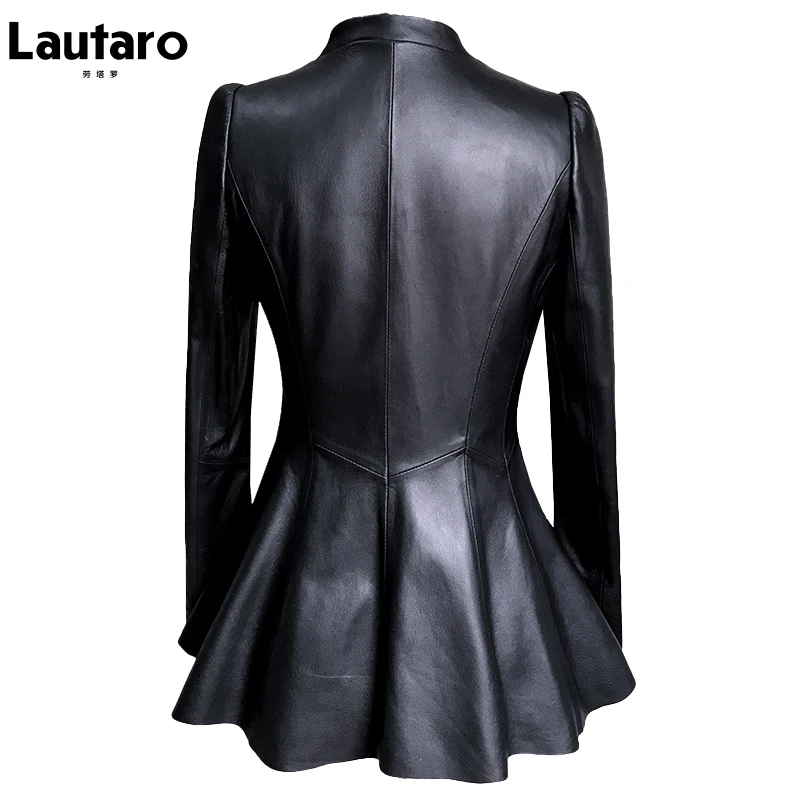 Lautaro-chaqueta de cuero Pu suave para mujer, Blazer elegante de lujo con falda y manga larga abombada, cuello en V profundo, color negro, a la