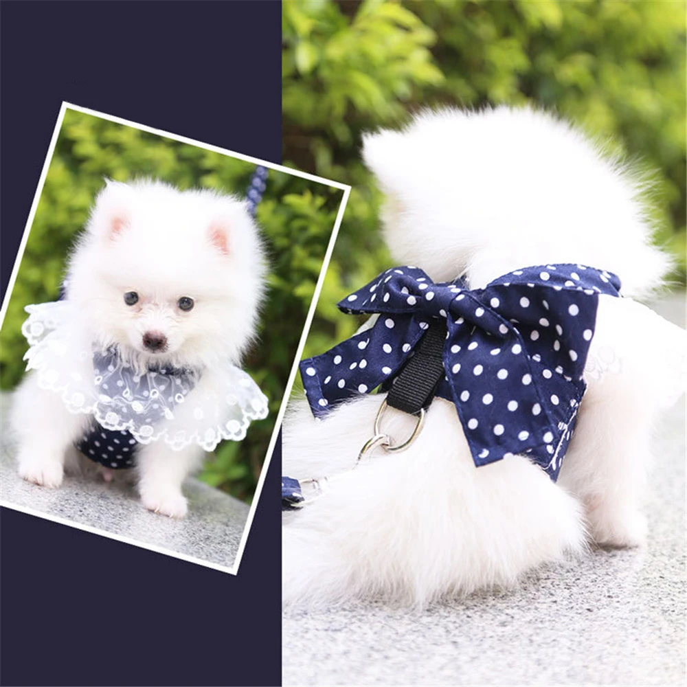 Miflame Princess Dog Harness Small Dogs Accessories Pomeranian Spitz Polka Dots Pet Cats Harness Sweet Dog Vests With Bow-knot