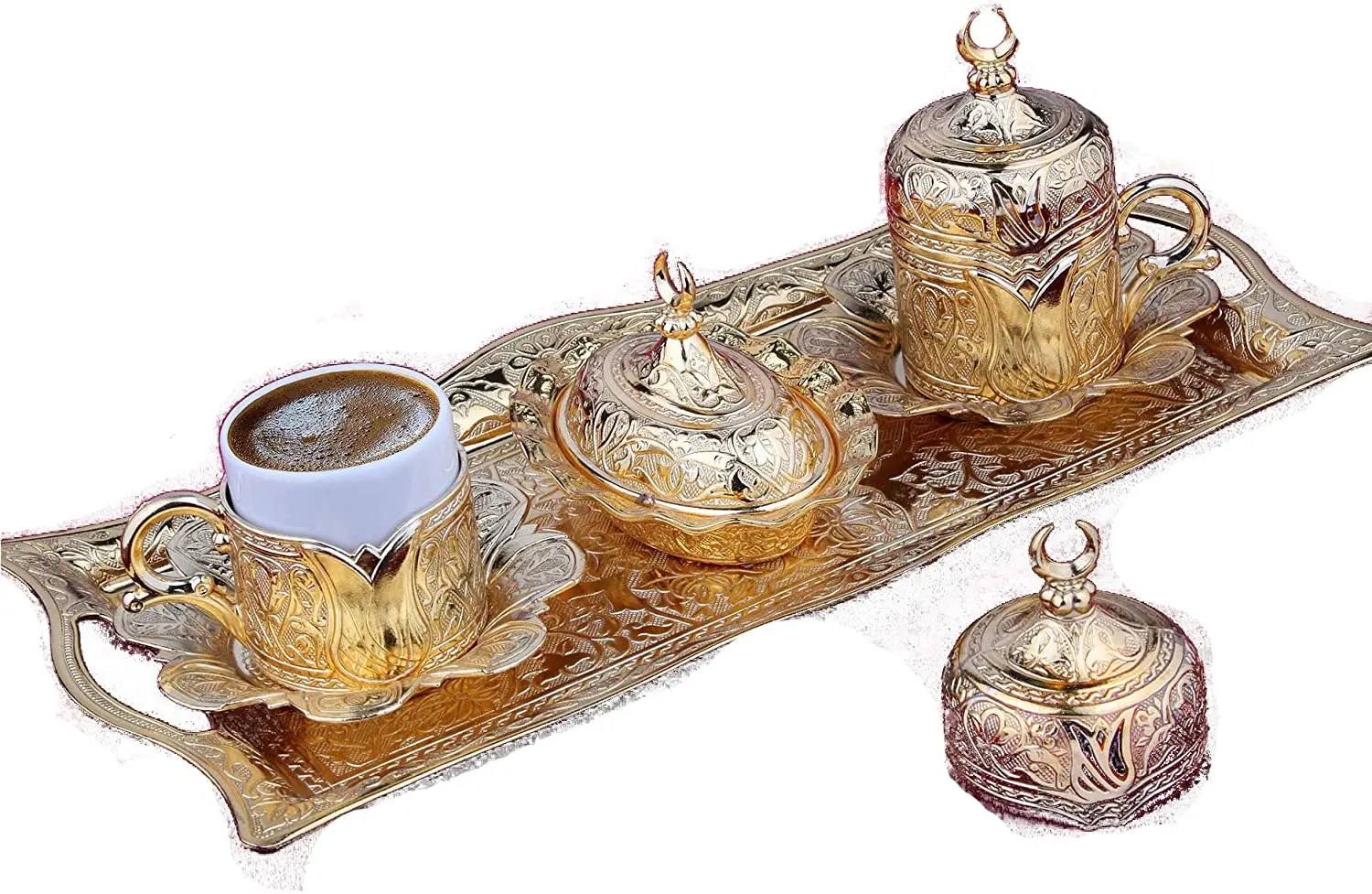 Gold Case Gold plated Turkish, Arabic, greek and Espresso Coffee Set for 2 - Made in Turkey - 11 pieced set, Gold