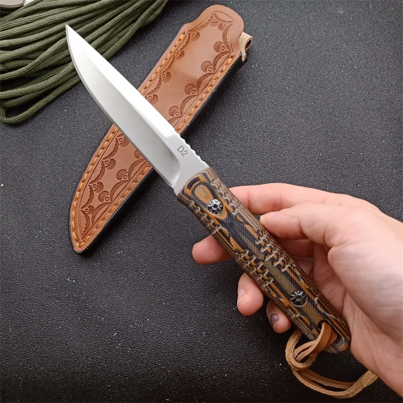 TRSKT D2 Hunting Survival Knives,Camping Knives,Outdoor Knife,Edc Tool Fulltang G10 Handle With Leather Sheath Dropshipping