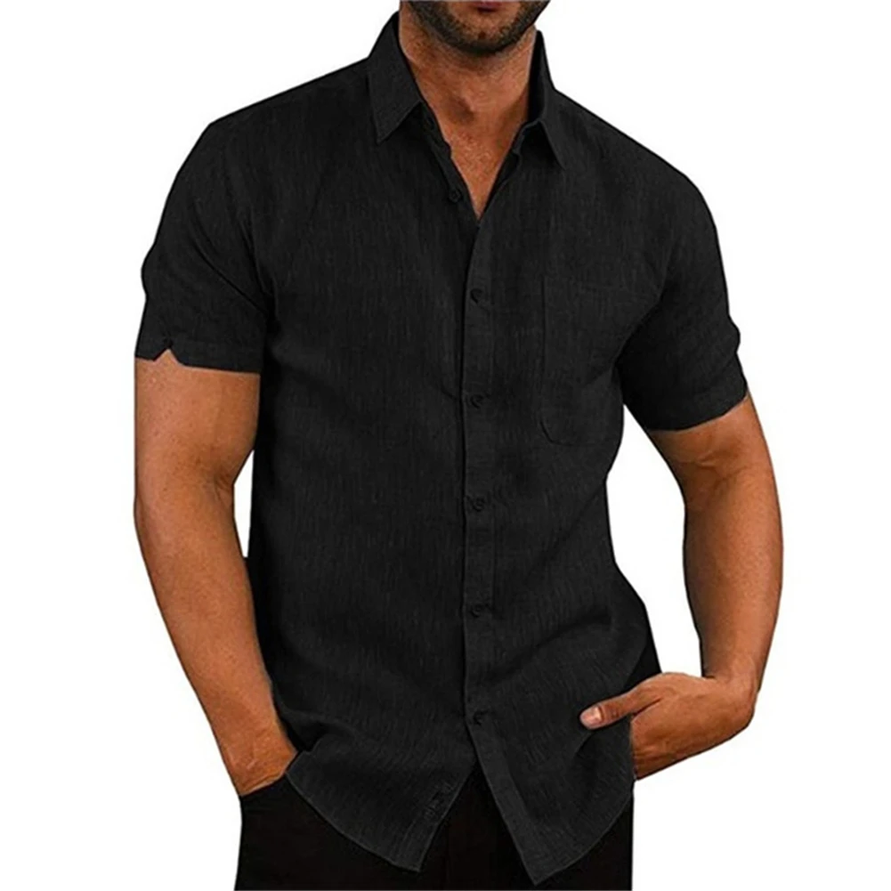 Hirigin Mens Blouse Short Sleeve Baggy Button Summer Solid Comfortable Casual Loose Holiday Shirts Tee Tops