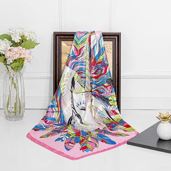 U.S.A ฤดูใบไม้ผลิ90ซม.อเมริกัน Lndian Feather รูปแบบโพลีเอสเตอร์ผ้าไหมผ้าพันคอสี่เหลี่ยมจัตุรัสผู้หญิงอุปกรณ์เสริมผ้าพันหัว Beach Shawl