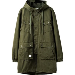 Men's Military Tactical Hooded Trench Coat Zipper Mid-length Casual Windbreaker for Autumn and Spring Vintage Clothes Parka