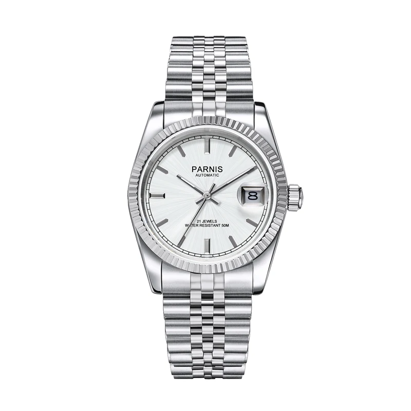 

New Parnis 36MM Silver Dial Men Watch Luxury Brand Automatic Women Elegant Diamond Stainless Steel Bracelet Mechanical Watches