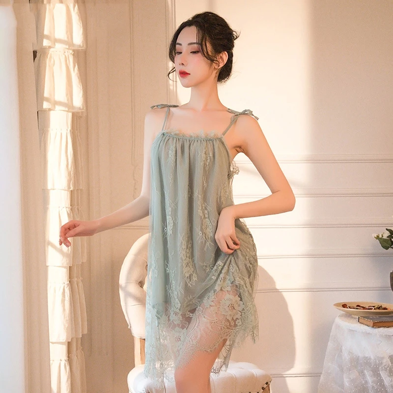 yhotmeng Princess  nightdress woman sloth sleepwear nightieLingerie Perspective Skirt Lace Temptation Sling Nightdress Suit