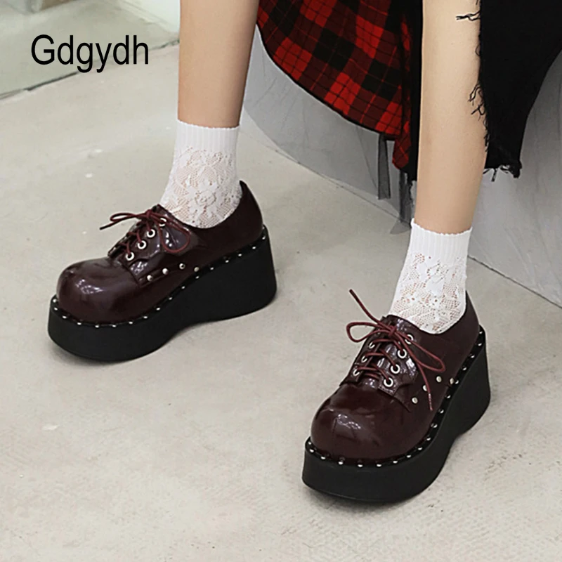 Gdgydh Punk Style Shoes Woman Platform Heel Metal Rivet Dark Bat Fashion Trendy Women Pumps Wedge Bottom Burgundy School Student