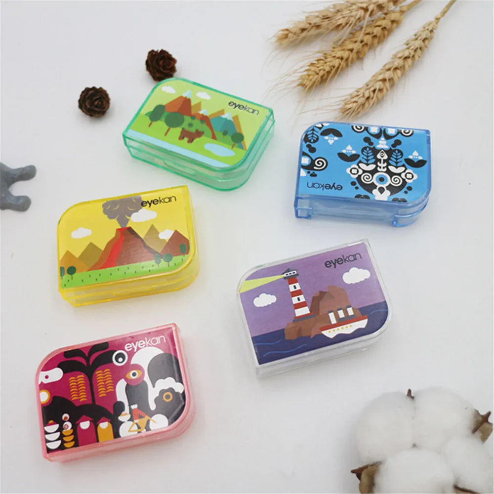 1pcs Cute Cartoon Style Pocket Portable Mini Contact Lens Case Easy Make up beauty pupil storage box Mirror Container Travel Kit