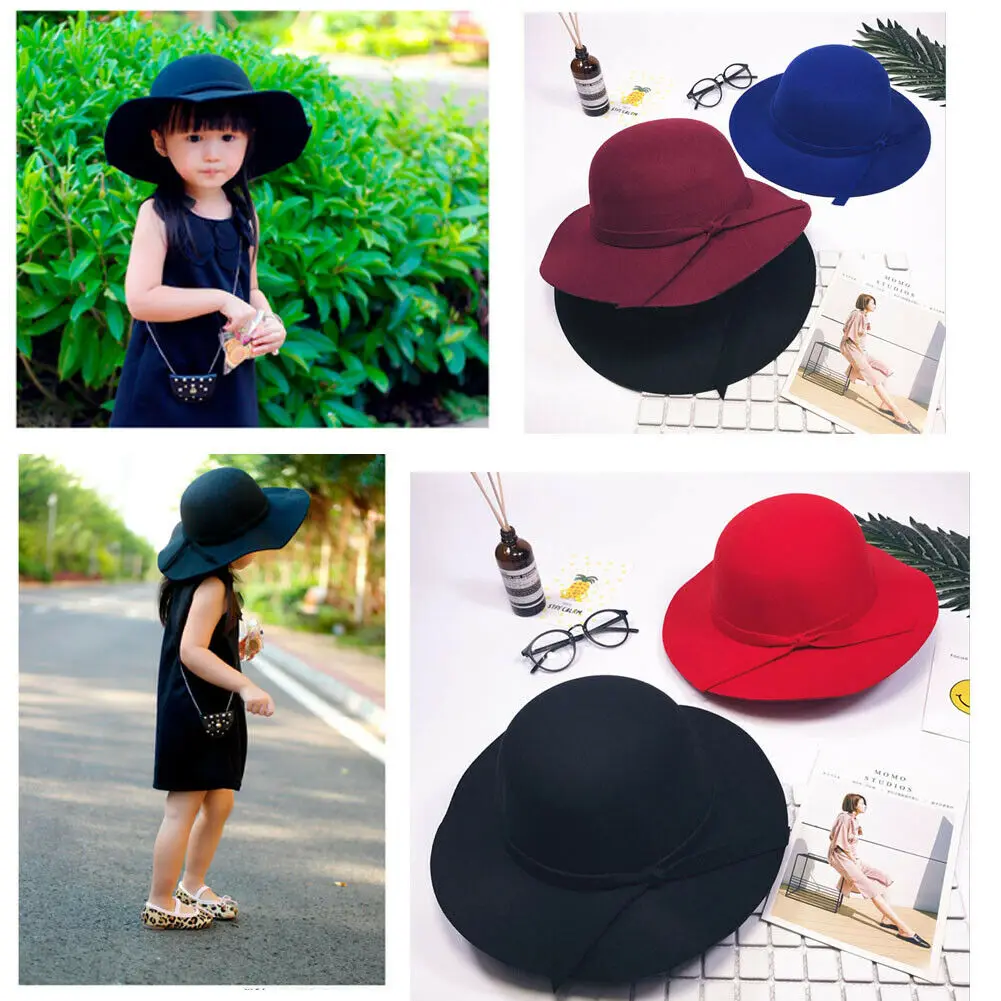 Retro Wind Children\'s Adjustable Big Hat Girls\' Solid Bow Beach Sun Round Hat Outdoor Caps 5 Colors