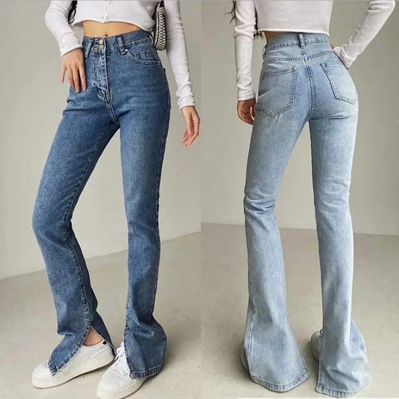 

Women Jeans Distressed Skinny Denim Pants Slim High Waist Femme Flare Stacked Mom Straight Leg Vaqueros Mujer Split Vintage w206