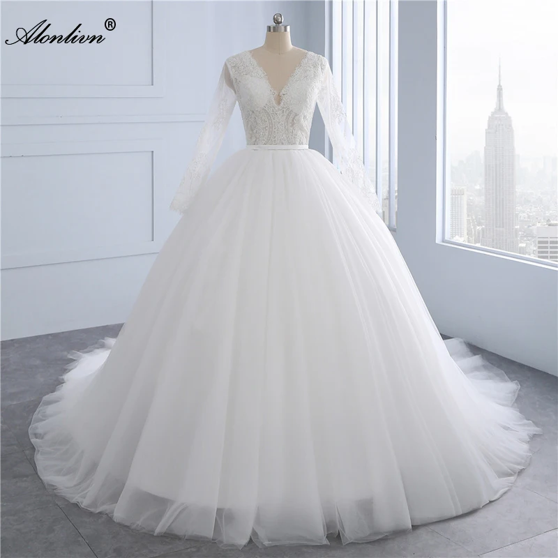 

Alonlivn Real Photo Tiered Silky Tulle V-Neck Ball Gown Wedding Dresses Long Sleeves Princess Bridal Skirts Customize Made