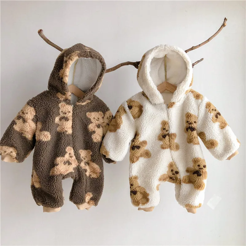 Winter Newborn Baby Cartoon Bear Print Fleece Thicken Rompers Hooded Infants Boy Warm Clothes Kids Toddler Girls Warm Jumpsuits