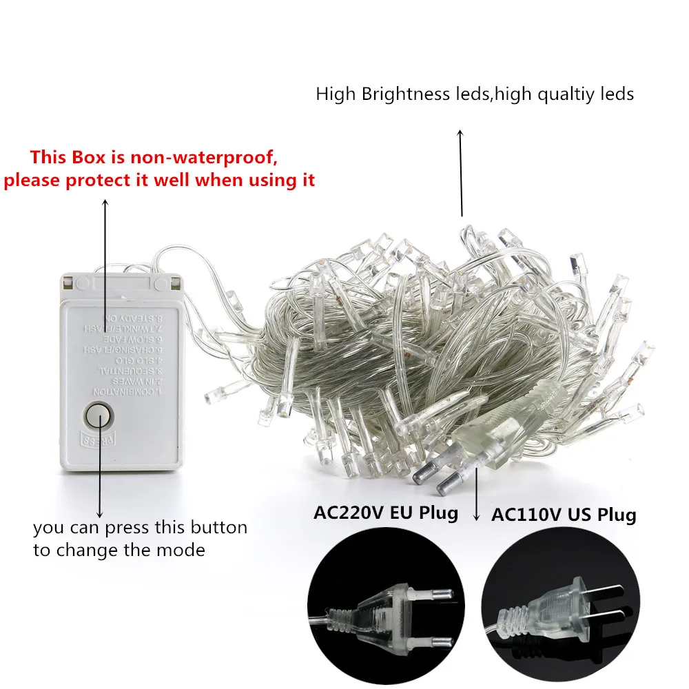 Светодиодная гирлянда на Рождество, 5/10/20/50 м, 8 режимов переменного тока, 110 В/В, праздничное освещение для свадьбы, украшение гирлянды