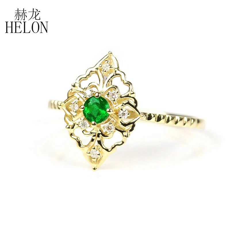 

HELON Solid 14k Yellow Gold 0.13ct Genuine Emerald Diamonds Engagement Wedding Ring Women Trendy Fine Jewelry Gemstone Ring