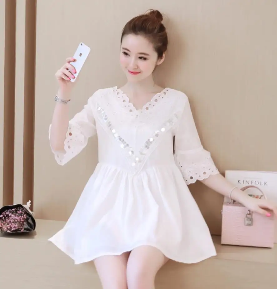 Mùa Hè Mới Phong Cách Hàn Quốc Rỗng Ra Xù Lông 5 Tay Ngọt Áo Aó Cotton Và Vải Lanh Áo Blusas S1102