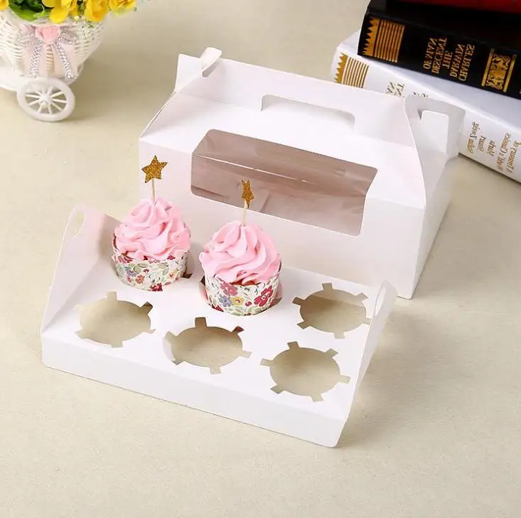 

300pcs/lot Brown/white 6 Cupcake Box Kraft Paper Cake Boxes and Packaging with Handle Wedding Gift Box Packaging Box Wholesale