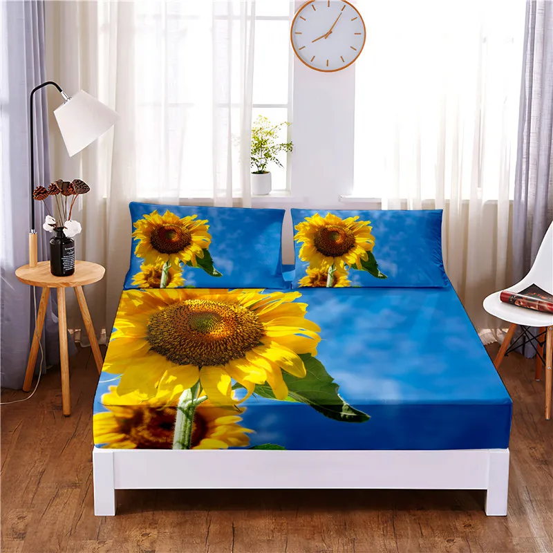 

Sunflower Digital Printed 3pc Polyester Fitted Sheet Mattress Cover Four Corners with Elastic Band Bed Sheet Pillowcases