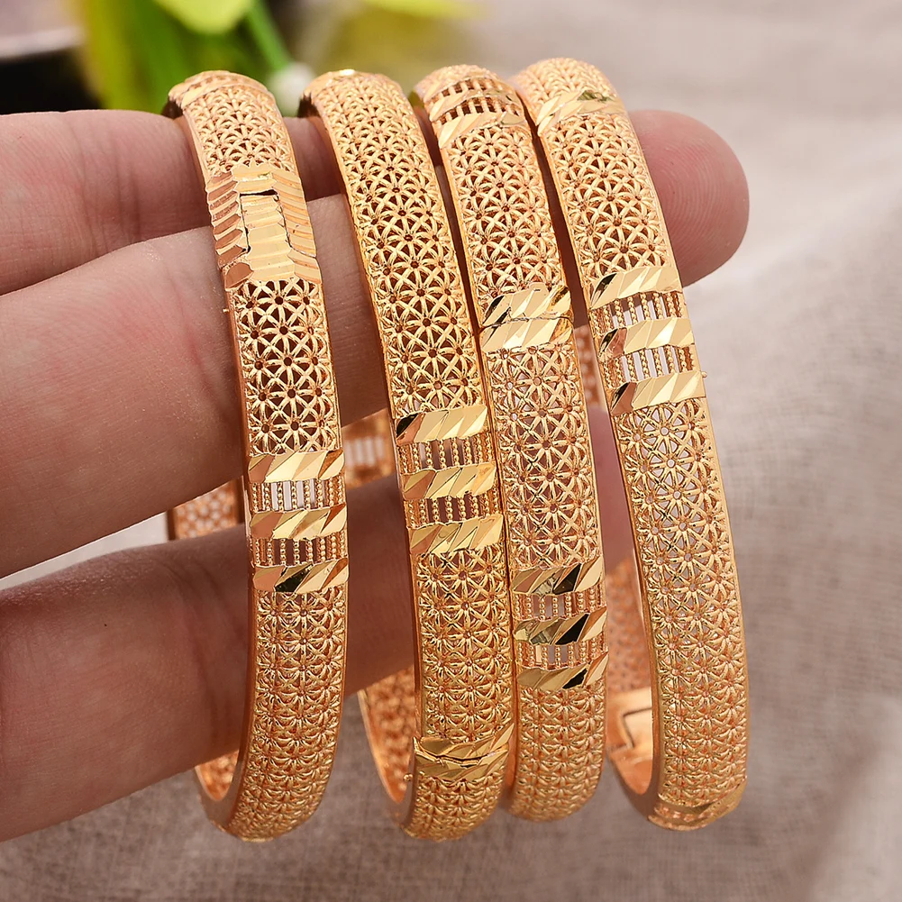 4Pcs/lot African New Design Gold Color Bangles For Women Gold Color & Brass Flower Bangles Arab/Ethiopian