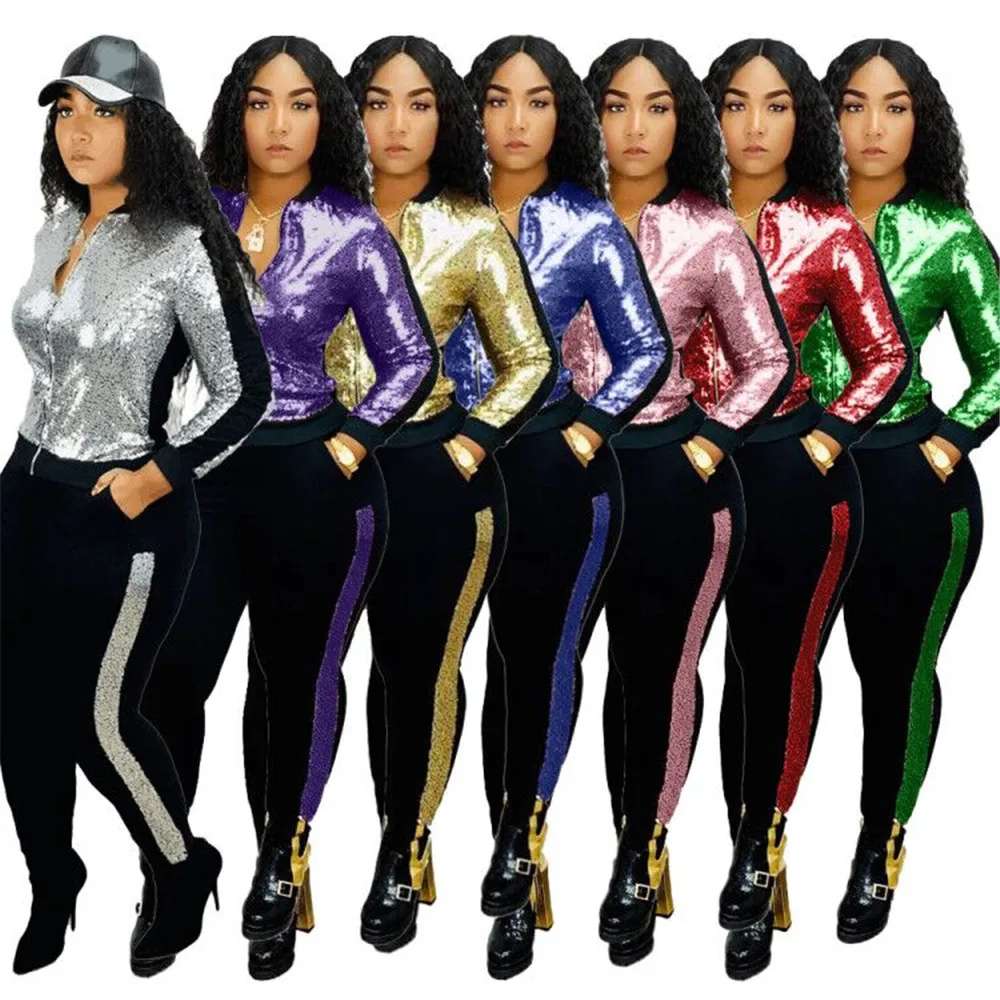 Autumn Winter Sequin 2 Piece Set Women Tracksuit Long Sleeve Jacket Top Pants Suit Streetwear Sparkly Matching Sets Club Outfits