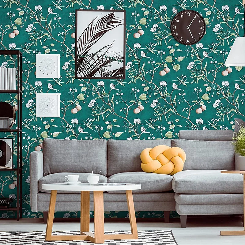 Green Floral Peel and Stick Wallpaper Vintage Floral Vinyl Stickers Flower&Bird Waterproof Self Adhesive Drawer Liner Decorative