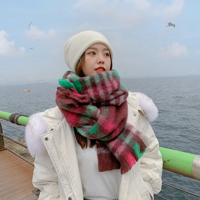 

Imitation Cashmere Fashion Women Plaid Color mixing Print Winter Scarf Warm Knitted Sweet Female Thick Blanket Long Wrap Shawl
