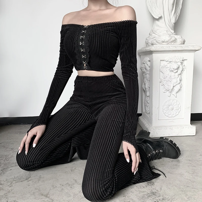 

Women Black Sets Streetwear Long Sleeve Crop Tops Gothic Flare Pants Off Shoulder Bodycon Tops 2020 Casual Fashion Female Sets