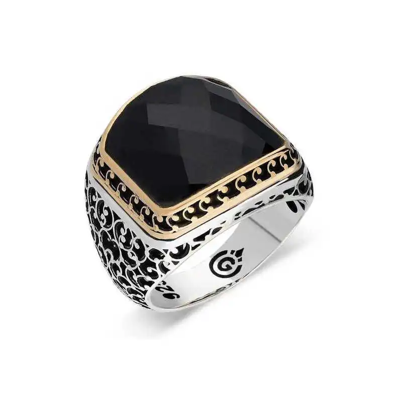 Silver Black Zircon Stone Men's Ring - 925 Sterling Men's Jewelry Wedding Birthday Gift - Box - - Men - Fashion - Botiva - Size - Turkish - Patterned Embroidery