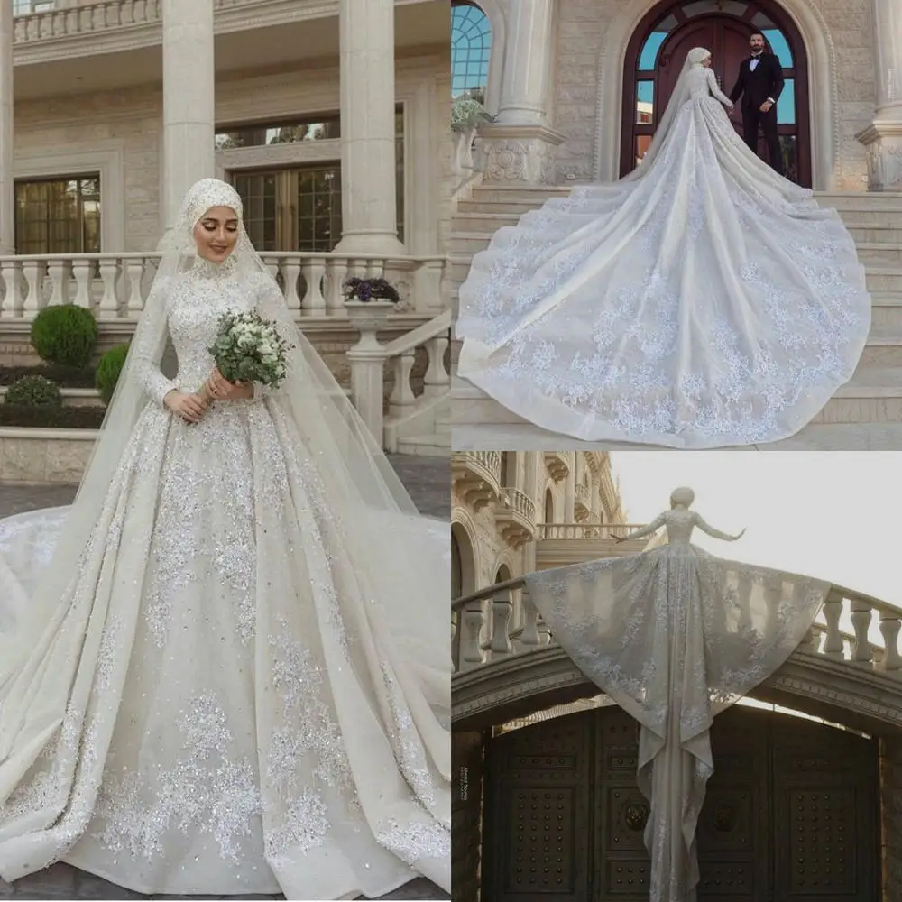 

Ball Gown Wedding Dresses 2020 High Collar Lace Beads Crystal Bridal Gowns robe de mariée Plus Size Arabic Church Wedding Dress