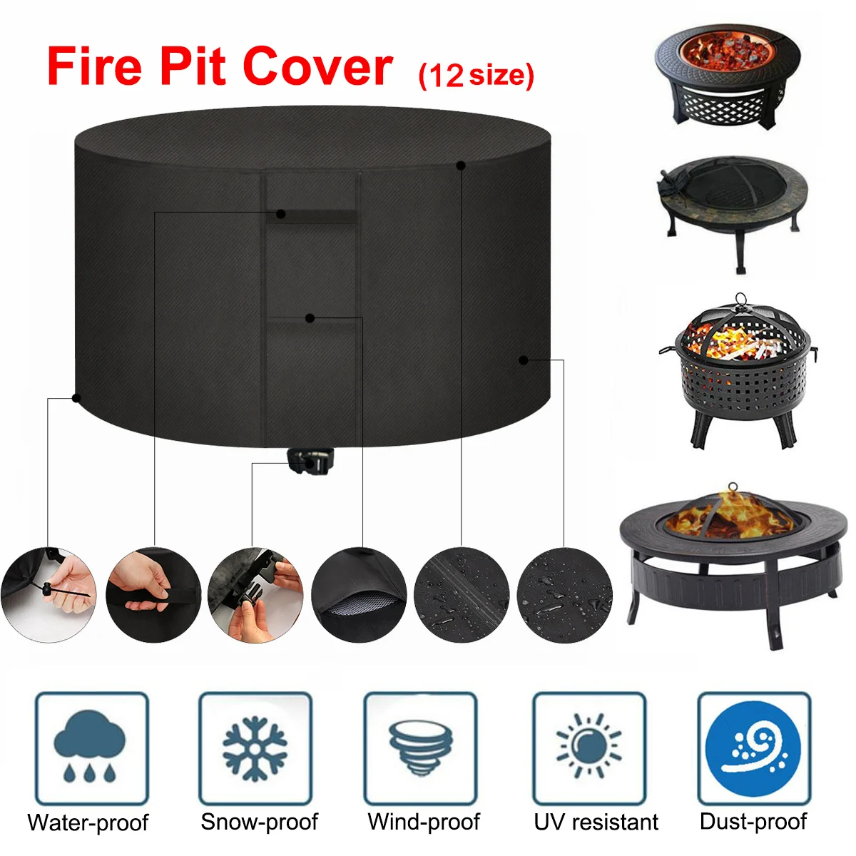 

12 Sizes Patio Fire Pit Dustproof Cover Waterproof Grill Covers BBQ Cooking Protector Round Canopy Shelter Cover Garden 600D