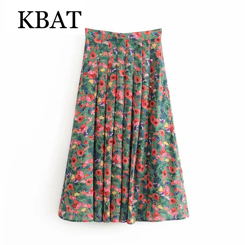 2023 Spring Vintage Green Long Skirt High Waist Print Skirt Holiday Pleated Skirt Split Elegant Bohemian Beach Floral Skirt