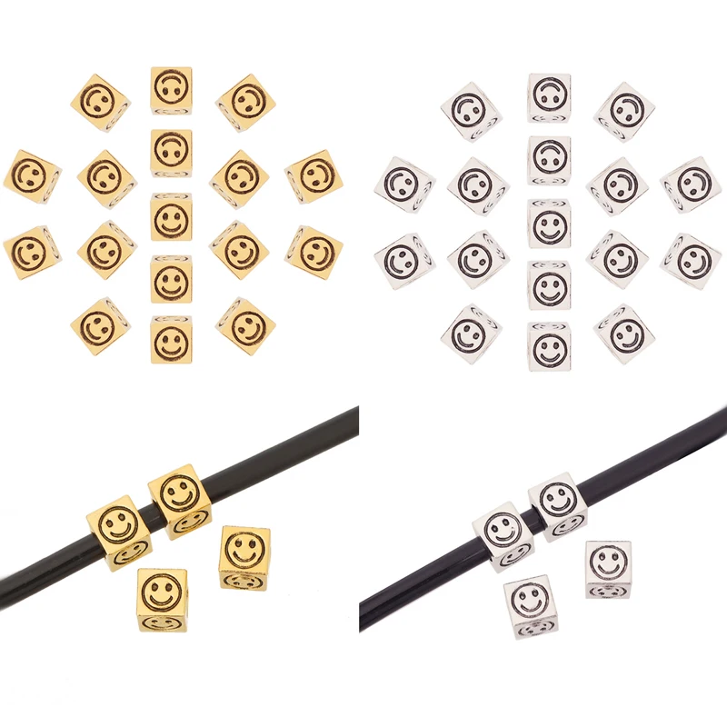 10 x Tibetan Silver/Gold Color Square Smile Face Spacer Beads Charms 4 Sided for DIY Bracelet Jewelry Making Accessories