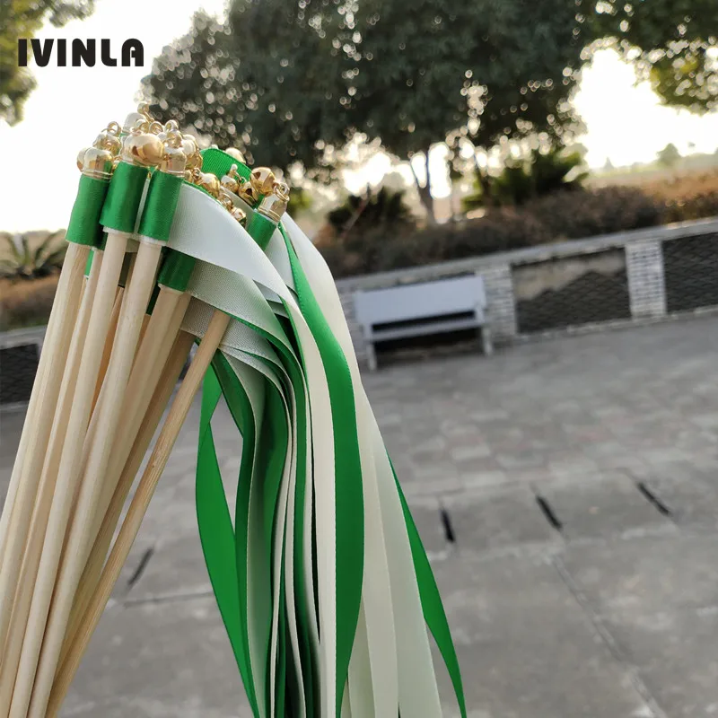 

50pcs/lot Style A green and cream ribbon wedding wands with gold bell Wedding Ribbon Stick,ribbon Twirling Streamers