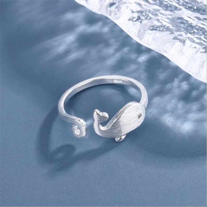 

New Simple Creative Ocean Whale 925 Sterling Silver Jewelry Personality Cute Brushed Dolphin Opening Rings R120