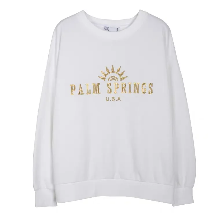 Calelinka American Vintage Palm Springs Letters Embroidery Printed White Cotton Sweatshirts Round Neck Vintage Women Ins Jumpers