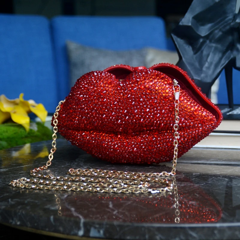 Ladies rhinestone bag lip-shaped evening clutch bag messenger bag banquet handbag