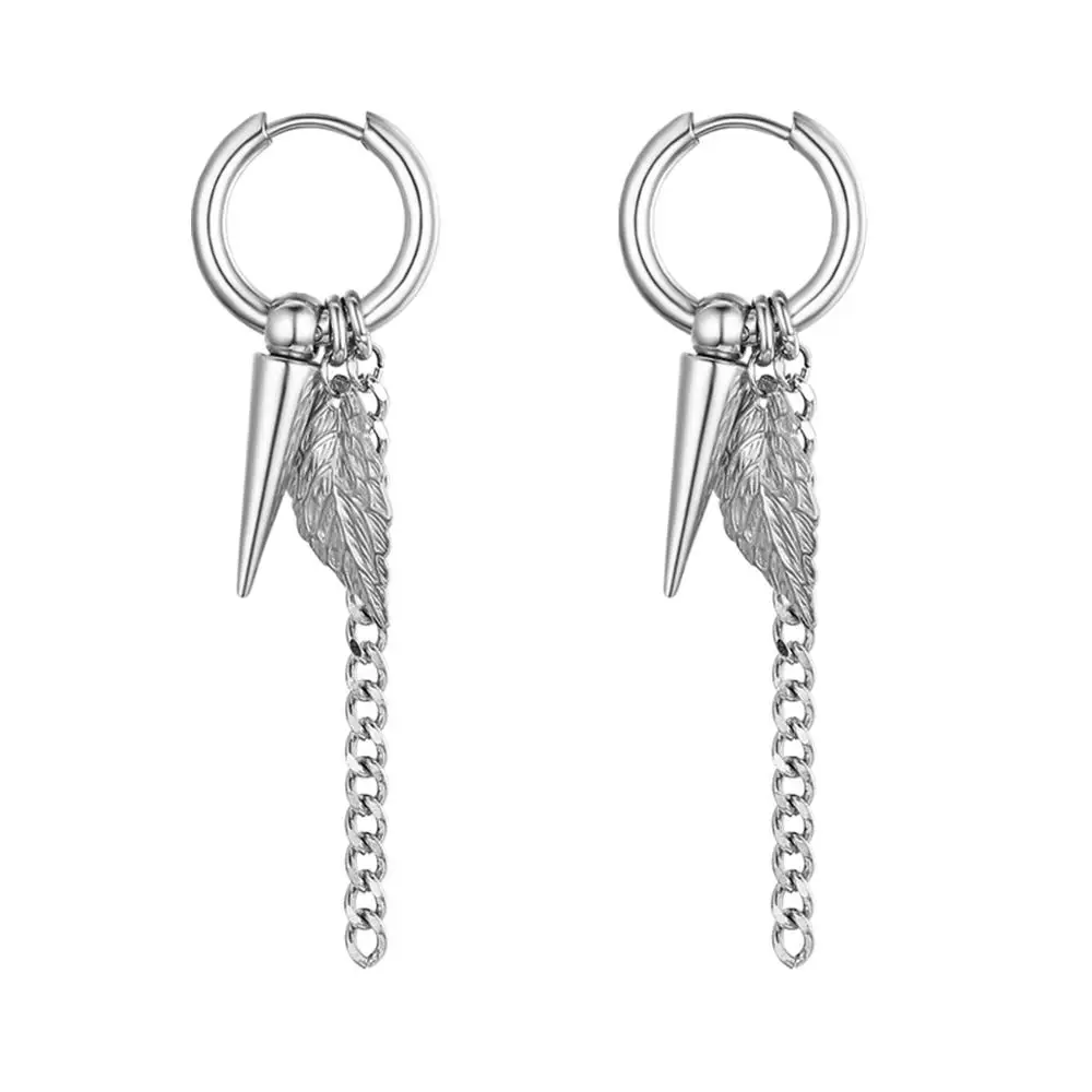 2020 Unique  Hip Hop Long Chain Dangle Earrings for Men Stainless Steel Feather Rivet Chain Pendant Earrings Korean Jewelry