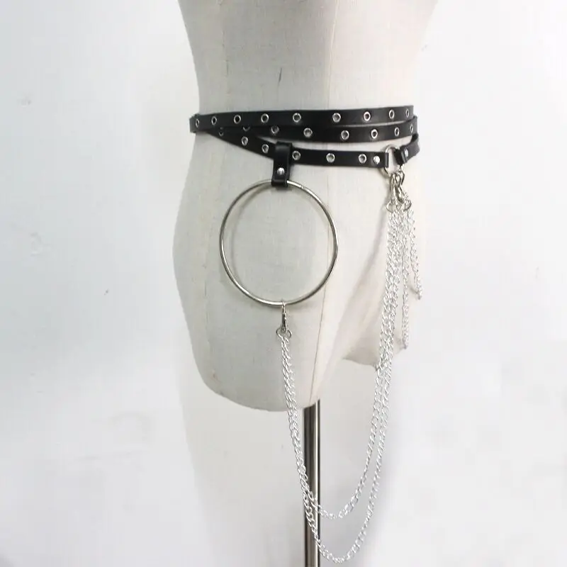 Ceinture en cuir avec chaîne pour femmes, style Punk, gothique, Sexy, noir, grand anneau rond, accessoires pour robe en jean