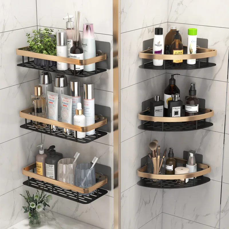 Towel Shower Storage Rack Corner Shelves Wall Mounted Aluminum Shampoo Holder No Drill Bathroom Shelf Gold Black Organizer