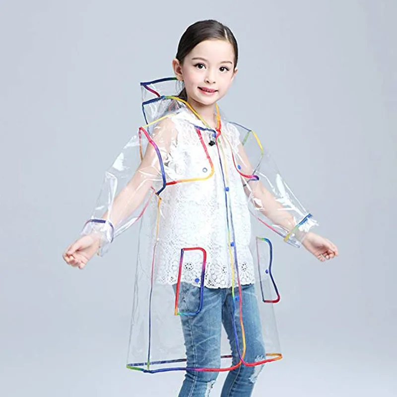 Transparent Rainbow Edge Kids Raincoat Waterproof EVA Children Rain Coat Windproof Rain Jacket Poncho Hat Kindergarden Rain Gear