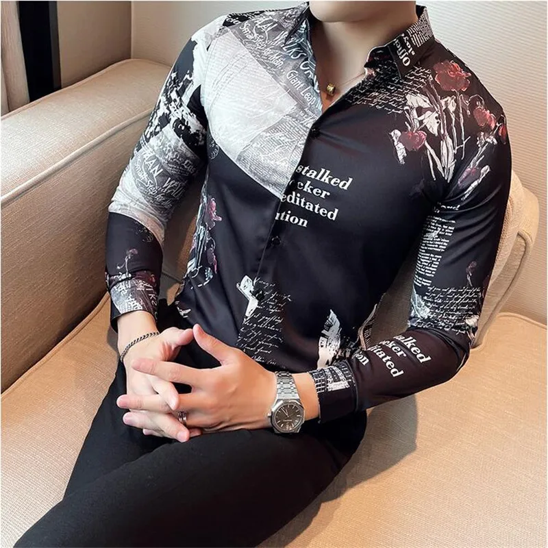 British style New Vintage Printed Shirt Fashion Men Long Sleeve Slim Fit Casual Shirt Club Party Dress Social Shirt Tops Hommes