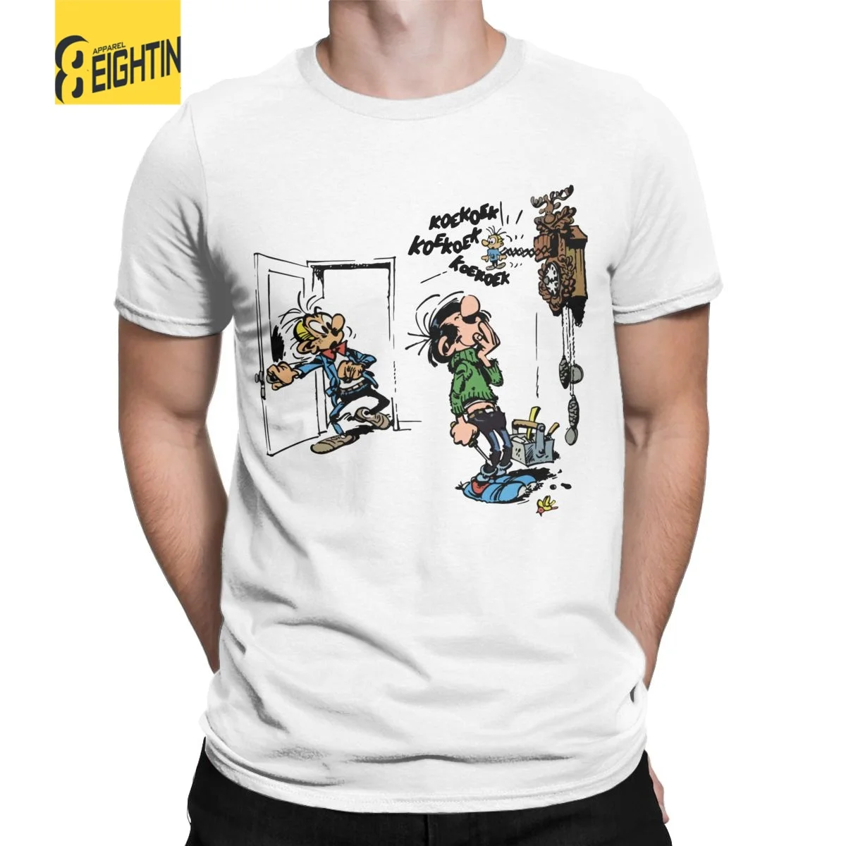 Gaston Lagaffe With Clock T Shirts Men\'s 100% Cotton Funny T-Shirt O Neck Belgium Cartoon Tee Shirt Short Sleeve Clothes Gift