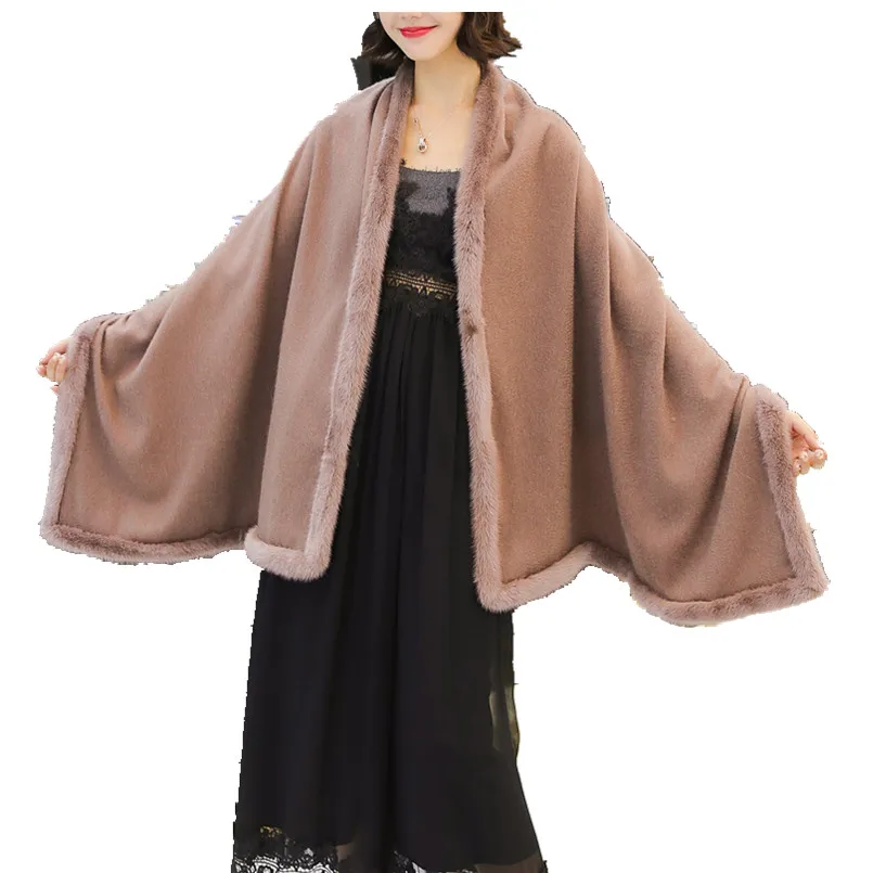 Grey Luxury  New Design 100% Pure Cashmere Scarf with Genuine Mink Fur Trim Shawl Poncho Cape S5