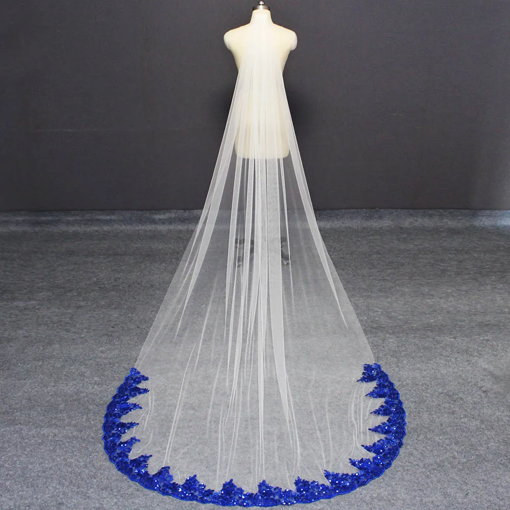 Customized Royal Blue Lace White Ivory Soft Tulle Long Wedding Veil 3 Meters Bridal Veil with Sequined Lace Welony