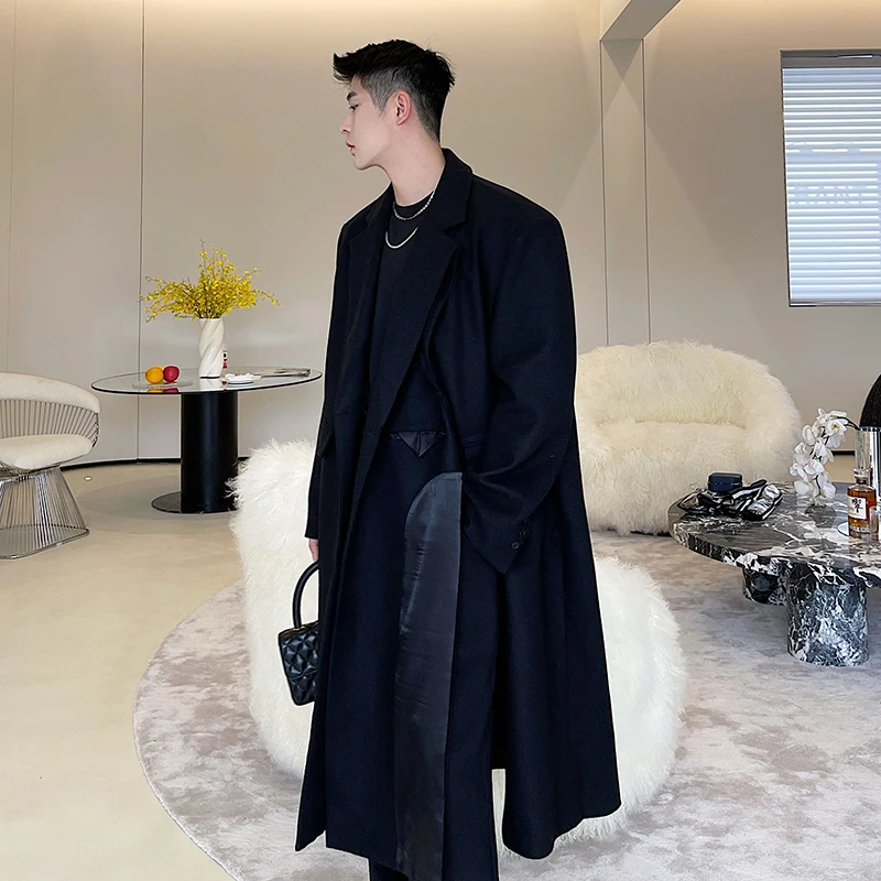 

2021 autumn/winter black personality niche stitching deconstructed slit design men's mid-length woolen coat