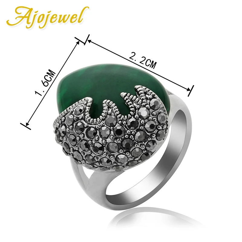 Ajojewel Vintage Black Rhinestone Women Ring Green Resin Stone Jewelry Anelli Donna